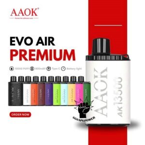 AAOK EVO AIR 13500 DISPOSABLE - SG VAPE POWER SINGAPORE SHOP The AAOK Evo Air 13500 Puffs is a rechargeable disposable vape, Available at singapore online sg shop on sale. An replacement for AAOK 13.5k Puffs. It design with same feature as a freebase e-juice disposable. But in this latest version it has bigger volume and stronger airflow to produce larger vapor clouds! Engineered to generate expansive clouds, this disposable pods enables vapers to indulge in deep inhalations and exhale dense plumes of vapor. It’s poised to become the premier smoke-producing disposable vape available! Specifications: Puff : 13,500 Puffs Battery Capacity : 800 mAh Resistance : 1.0 ohm E-Juice Capacity : 16.5 ML Charging : Rechargeable with Type C Power : 13W Nicotine Strength : 3% Coil : Mesh Coil Charging Time : Roughly 15 min Airflow Adjustable Freebase E-Juice – Direct to lung ⚠️AAOK 13500 DISPOSABLE FLAVOUR LIST⚠️ Blueberry Vanilla Energy Drink Grape Bubblegum Lychee Ice Mango Blackcurrant Spritte Strawberry Bubblegum Strawberry Fanta Strawberry Vanilla Reed Bull 200+ (200 plus) SG VAPE COD SAME DAY DELIVERY , CASH ON DELIVERY ONLY. TAKE BULK ORDER /MORE ORDER PLS CONTACT ME : SGVAPEPOWER VIEW OUR DAILY NEWS INFORMATION VAPE : TELEGRAM CHANNEL