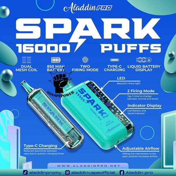 ALADDIN PRO SPARK 16000 DISPOSABLE - SG VAPE POWER SINGAPORE SHOP Experience the ultimate in vaping convenience and satisfaction with the Aladdin Pro Spark 16,000 Puffs Disposable Vape. With a variety of mouthwatering flavors, an impressive puff count, and advanced features, it's the perfect choice for vapers seeking quality and reliability. Order now and discover why the Aladdin Pro Spark 16k is the ideal disposable vape for all your needs. Why Choose Aladdin Spark 16000 Puffs? • Extended Puff Count: With 16,000 puffs per device, the disposable ensures long-lasting vaping sessions without frequent replacements. • Powerful Battery: Equipped with an 850mAh battery, this device offers extended use and reliable performance. • Advanced Features: Two firing modes and dual mesh technology provide a customizable and efficient vaping experience. • Easy Monitoring: The display shows liquid and battery percentage, ensuring you're always informed about your device's status. • Convenient and Rechargeable: Rechargeable with a Type-C cable, the Aladdin Pro Spark 16000 is designed for convenience and continuous use. Specifications: Approx. 16000 Puffs Dual Mesh Two Firing Mode Liquid & Battery Display Adjustable Airflow Rechargeable Battery 850mAh Charging Port: Type-C ⚠️ALADDIN SPARK 16000 FLAVOUR LINE UP⚠️ Cappuccino Double Mango Candy Guava Hazelnut Coffee Honeydew Honeydew Yakult Mango Mango Peach Mango Yakult Ribena Yakult Solero Limes Sour Bubblegum Strawberry Blackcurrant Strawberry Mango Strawberry Yakult Taro Yam Yakult Berries Yogurt Double Mango Slurpee Double Grape Slurpee Kiwi Mango Watermelon Pineapple Apple Thai Bubble Tea Rybena Lychee SG VAPE COD SAME DAY DELIVERY , CASH ON DELIVERY ONLY. TAKE BULK ORDER /MORE ORDER PLS CONTACT ME : SGVAPEPOWER VIEW OUR DAILY NEWS INFORMATION VAPE : TELEGRAM CHANNEL