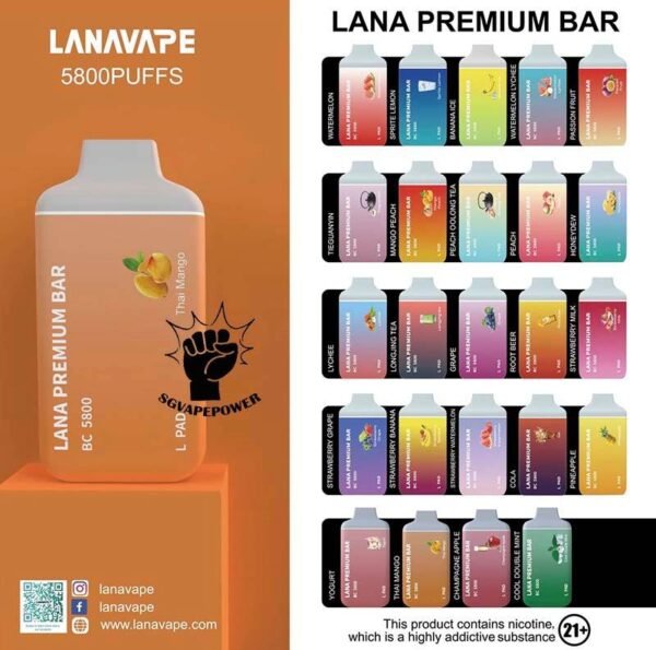 LANA PREMIUM BAR 5800 DISPOSABLE - SG VAPE POWER SINGAPORE SHOP The Lana Premium Bar 5800 Puffs Disposable ready stock at SG VAPER POWER Singapore shop online on sale now! Take the Best Seller Flavour Top from LANA PREMIUM VAPE! Tie Guan Yin Premium Bar 5800 Puffs Tieguanyin Disposable Vape is a fantastic choice for anyone looking for a convenient and reliable vaping experience. The kit comes in a compact and light weight design, making it easy to carry with you wherever you go. One of the standout features of the Premium Bar 5800  is its impressive battery life. ⚠️LANA PREMIUM BAR 5800 FLAVOUR LINE UP⚠️ Honey Grape Honeydew Iced Longjing Tea Watermelon Iced Root Beer Grape Gum Pineapple Iced Lychee Iced Peach Iced Mango Peach Grape Iced Coke Iced Passion Fruit Strawberry Watermelon Sprite Lemon Taste of Sea (Sea Salt Lemon) Banana Ice Yummy Yam Lemonade Tea Peach Oolong Tea Tie Guan Yin SG VAPE COD SAME DAY DELIVERY , CASH ON DELIVERY ONLY. TAKE BULK ORDER /MORE ORDER PLS CONTACT ME : SGVAPEPOWER VIEW OUR DAILY NEWS INFORMATION VAPE : TELEGRAM CHANNEL