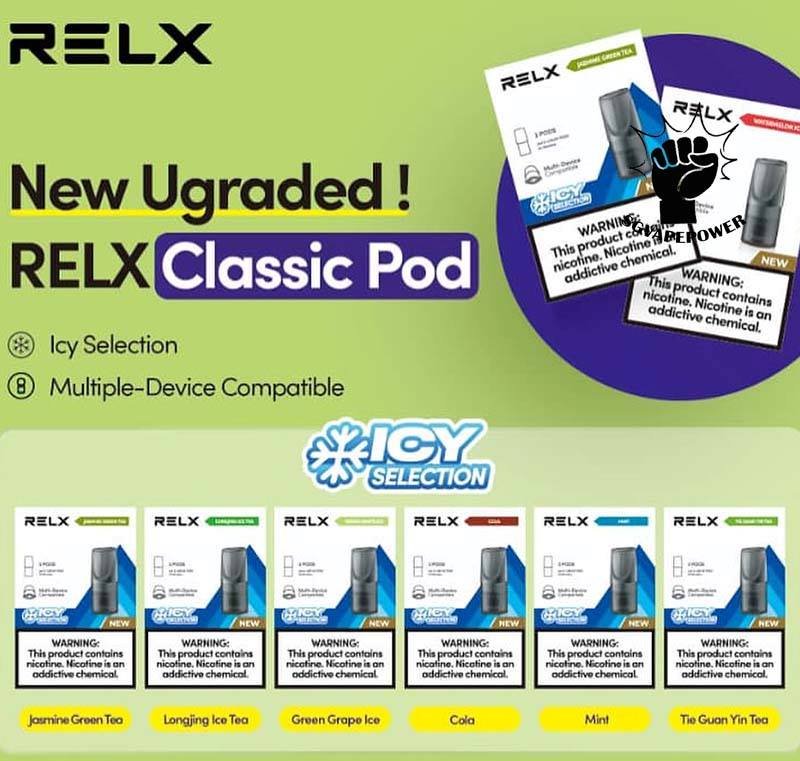 RELX CLASSIC POD - SG VAPE POWER SINGAPORE SHOP The RELX POD CLASSIC VAPE Ready stock in our sg singapore store online shop for same day delivery.  is including 3 pods in per box of Classic First Gen Relx. The RELX Difference RELX combines cutting edge, next generation vaping technology with stylish, minimalist designs to give you products that are more elegant and sophisticated than you can find in any other online vapor store. Discover out signature Classic Tobacco , Cool Mint 5% Nicotine flavor, alongside popular options like Relx Pod Watermelon Ice, Tangy Grape , Tie Guan Yin , Jasmine Green Tea, Strawberry Burst, and Peach Oolong. For those craving extra sweetness, you can also enjoy Coke or Honeydew flavors. Specifications : Nicotine : 3% / 5% Capacity : 2ml Ceramic atomizing technology for authentic flavor and throat hit sensation ⚠️RELX CLASSIC POD COMPATIBLE DEVICE WITH⚠️ Dark Rider 3s Device DD Touch Device INSTAR Device RELX Device SP2 Device ⚠️RELX CLASSIS POD FLAVOUR LINE UP⚠️ Classic Tobacco 5% Cool Mint 5% Coke Grape Green Bean Honeydew Icy Slush Passion Fruit Peach Oolong Watermelon Strawberry Burst (Ice) Jasmine Green Tea (Ice) Tie Guan Yin Tea (Ice) Green Grape (Ice) Long Jing Tea (Ice) SG VAPE COD SAME DAY DELIVERY , CASH ON DELIVERY ONLY. TAKE BULK ORDER /MORE ORDER PLS CONTACT ME : SGVAPEPOWER VIEW OUR DAILY NEWS INFORMATION VAPE : TELEGRAM CHANNEL