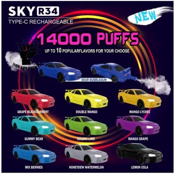 SKY R34 14000 DISPOSABLE - SG VAPE POWER SINGAPORE SHOP The Sky R34 14000 Disposable Pod Device possesses 25ml pre-filled e-juice with various flavor to meet your different needs. Powered by 650mAh high voltage battery, Sky GTR34 Disposable Pod Kit can provide about 14000 puffs. With constant output and consistent taste system , This Vape will bring you real and smooth taste, massive Clouds and solid throat hit. Just get the Sky GTRR34 14000 Vape got the more outstanding and ultimate flavor than other disposable pod kit. Specification : Puff : 14,000 Puffs Capacity : 25ml Rechargeable Battery 650mAh Charging Port: Type-C Nicotine Percent : 5% ⚠️SKY GTR34 14000 FLAVOUR LINE UP⚠️ Grape Blackcurrant Sour Bubblegum Honeydew Watermelon Double Mango Lemon Cola Gummy Bear Mix Berries Mango Grape Mango Lychee Solero Lime SG VAPE COD SAME DAY DELIVERY , CASH ON DELIVERY ONLY. TAKE BULK ORDER /MORE ORDER PLS CONTACT ME : SGVAPEPOWER VIEW OUR DAILY NEWS INFORMATION VAPE : TELEGRAM CHANNEL