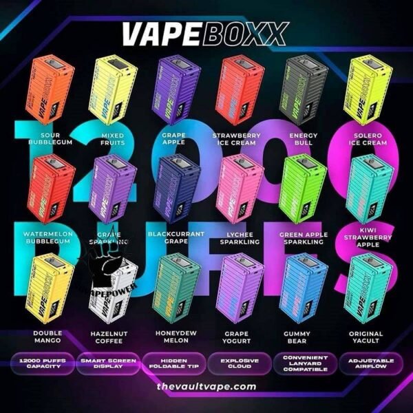 VAPEBOXX 12000 DISPOSABLE - SG VAPE POWER SINGAPORE SHOP The VAPEBOXX 12000 Puffs disposable from VAULT VAPE Company , Ready stock at our Vape singapore sg shop on sale. It's an innovative addition to the vaping market, offering an impressive puff capacity of 12,000 hits with a 5% nicotine concentration. Overall, the VAPE BOXX 12000 Puffs disposable appears to combine a high puff count with several user-friendly features, making it an appealing choice for vapers seeking convenience, performance, and customization options. Specifition : Nicotine Strength: 50mg ( 5% ) Smart Screen Display Hidden Foldable TIP Explosive Cloud Adjustable Airflow Convenient Landyard Compatible ⚠️VAPEBOXX 12000 FLAVOUR LIST⚠️ Hazelnut Coffee Honeydew Melon Gummy Bear Grape Yogurt Double Mango Solero Ice Cream Energy Bull Strawberry Ice Cream Grape Apple Mixed Fruits Sour Bubblegum Original Yakult Grape Sparkling Green Apple Sparkling Lychee Sparkling Blackcurrant Grape Watermelon Bubblegum Kiwi Strawberry Apple American Oat Energy Drink Freezy Grape Grapple Lychee Ice Mango Ice Mineral Water Pineapple Sparkling Cola Strawberry Ice Watermelon Ice SG VAPE COD SAME DAY DELIVERY , CASH ON DELIVERY ONLY. TAKE BULK ORDER /MORE ORDER PLS CONTACT ME : SGVAPEPOWER VIEW OUR DAILY NEWS INFORMATION VAPE : TELEGRAM CHANNEL