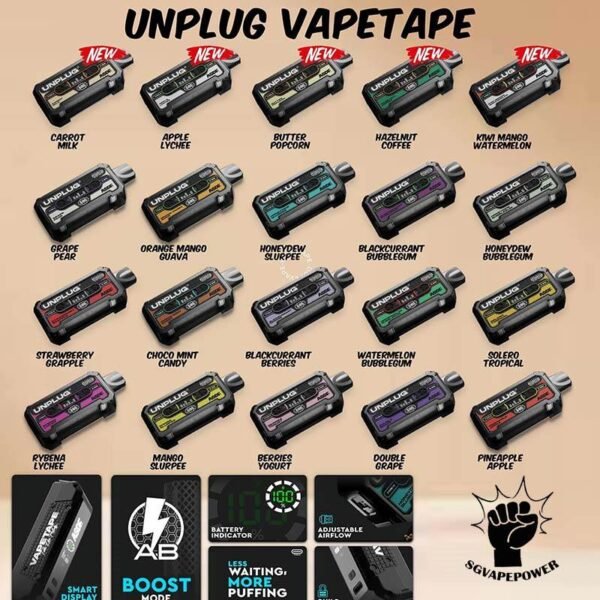 VAPETAPE UNPLUG 12000 DISPOSABLE - SG VAPE POWER SINGAPORE SHOP The VAPETAPE UNPLUG 12000 DISPOSABLE is Baterry & Prefilled pod design , Starter kit & Cartridge in our Vape Singapore Shop Ready stock , Get it now with us and same day delivery ! The Vapetape Unplug 12K by ASDF , provides an excellent vaping experience with a 12,000 puffs capacity. For ease of use and diversity, this disposable system combines with a 5% nicotine context and type C charghing port. Its creative design prioritises portability and ease of use while offering a fulfilling vaping experience. Users looking for a longer lasting choice without the inconvenience of refills or recharges may enjoy a customisable and controlled vaping experience with this device’s features including adjustable airflow and a battery indicator. STARTER KIT Package Include : X1 VAPETAPE UNPLUG 12k Device Battery X1 Prefilled Pod 12k Puffs CARTRIDGE Package Include : X1 Prefilled Pod 12k Puffs Specification: Puffs : 12000 puffs Volume : 21ML Flavour Charging : Rechargeable with Type C Coil : Mesh Coil Fully Charged Time : 25mins Nicotine Strength : 5% ⚠️VAPETAPE UNPLUG 12000 STARTER KIT & CARTRIDGE POD FLAVOUR LINE UP⚠️ Apple Lychee Berries Yogurt Blackcurrant Berries Blackcurrant Bubblegum Blackcurrant Yogurt Butter Popcorn Carrot Milk Choco Mint Candy Double Grape Grape Aloe Grape Pear Guava Melon Hazelnut Coffee Honeydew Bubblegum Honeydew Slurpee Kiwi Mango Watermelon Mango Pineapple Mango Slurpee Orange Mango Guava Peach Strawberry Pineapple Apple Rybena Lychee Solero Tropical Strawberry Grapple Watermelon Bubblegum SG VAPE COD SAME DAY DELIVERY , CASH ON DELIVERY ONLY. TAKE BULK ORDER /MORE ORDER PLS CONTACT ME : SGVAPEPOWER VIEW OUR DAILY NEWS INFORMATION VAPE : TELEGRAM CHANNEL