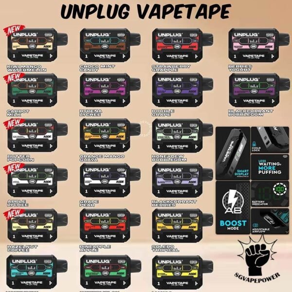 VAPETAPE UNPLUG 12000 DISPOSABLE - SG VAPE POWER SINGAPORE SHOP The VAPETAPE UNPLUG 12000 DISPOSABLE is Baterry & Prefilled pod design , Starter kit & Cartridge in our Vape Singapore Shop Ready stock , Get it now with us and same day delivery ! The Vapetape Unplug 12K by ASDF , provides an excellent vaping experience with a 12,000 puffs capacity. For ease of use and diversity, this disposable system combines with a 5% nicotine context and type C charghing port. Its creative design prioritises portability and ease of use while offering a fulfilling vaping experience. Users looking for a longer lasting choice without the inconvenience of refills or recharges may enjoy a customisable and controlled vaping experience with this device’s features including adjustable airflow and a battery indicator. STARTER KIT Package Include : X1 VAPETAPE UNPLUG 12k Device Battery X1 Prefilled Pod 12k Puffs CARTRIDGE Package Include : X1 Prefilled Pod 12k Puffs Specification: Puffs : 12000 puffs Volume : 21ML Flavour Charging : Rechargeable with Type C Coil : Mesh Coil Fully Charged Time : 25mins Nicotine Strength : 5% ⚠️VAPETAPE UNPLUG 12000 STARTER KIT & CARTRIDGE POD FLAVOUR LINE UP⚠️ Apple Lychee Berries Yogurt Blackcurrant Berries Blackcurrant Bubblegum Blackcurrant Yogurt Butter Popcorn Carrot Milk Choco Mint Candy Double Grape Grape Aloe Grape Pear Guava Melon Hazelnut Coffee Honeydew Bubblegum Honeydew Slurpee Kiwi Mango Watermelon Mango Pineapple Mango Slurpee Orange Mango Guava Peach Strawberry Pineapple Apple Rybena Lychee Solero Tropical Strawberry Grapple Watermelon Bubblegum SG VAPE COD SAME DAY DELIVERY , CASH ON DELIVERY ONLY. TAKE BULK ORDER /MORE ORDER PLS CONTACT ME : SGVAPEPOWER VIEW OUR DAILY NEWS INFORMATION VAPE : TELEGRAM CHANNEL