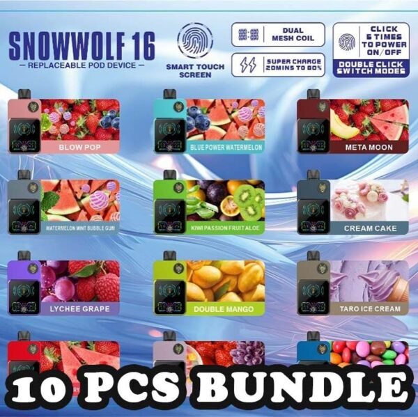 10 X SNOWWOLF 16000 ( Starter Kit ) BUNDLE - SG VAPE POWER SINGAPORE SHOP Sale of bundle package SNOWWOLF 16000 Puffs - Starter Kit Disposable , choose 10Pcs flavour get lowest price at SG VAPE POWER SINGAPORE SHOP! The SNOWWOLF 16000 ( 16K Puffs ) STARTER KIT & CARTRIDGE POD Disposable vape Ready stock in our sg singapore store online shop for same day delivery. Introducing the innovative Snowwolf Smart HD with an impressive 16,000 puffs capacity. It feature a vibrant HD screen displaying your vaping duration, voltage level, battery life, and liquid percentage. Customize your experience with adjustable voltage settings from 5W to a powerful 15W, all powered by a reliable 650mAh battery with fast charging, 80% charge in just 20 minutes. Discover a unique feature – automatic vaping time monitoring for easy tracking of your sessions. Elevate your vaping experience with the Snowwolf . Locking/Unlocking the Device: To lock or unlock the device, press the button for 3 seconds. Switching Voltage: To switch the voltage, press the button 1 times. Each press will change the voltage in 1W increments. The available voltage options from 5W to 15W. STARTER KIT Package Include : X1 SNOWWOLF Device Battery X1 Prefilled Pod 16k Puffs Specifition : Nicotine Strength: 50mg ( 5% ) Battery Capacity : 800mAh Wattage : 15-25 watts adjustable Charging : 20 mins super charge Coils : Dual Mesh Coil E-liquid capacity : 12ml Package Include : 10 X Snowwolf 16000 Puffs - Starter Kit Free Delivery Charge ⚠️SNOWWOLF 16000 STARTER KIT FLAVOUR LINE UP⚠️ Blow Pop (Strawberry BBG) Blue Power Watermelon (Berry Watermelon BBG) Meta Moon (Strawberry Watermelon Honeydew) Watermelon Mint Bubblegum Kiwi Passion Fruit Aloe Cream Cake Taro Ice Cream Double Mango Lychee Grape Strawberry Watermelon Strawberry Grape Candy Skittles SG VAPE COD SAME DAY DELIVERY , CASH ON DELIVERY ONLY. TAKE BULK ORDER /MORE ORDER PLS CONTACT ME : SGVAPEPOWER VIEW OUR DAILY NEWS INFORMATION VAPE : TELEGRAM CHANNEL